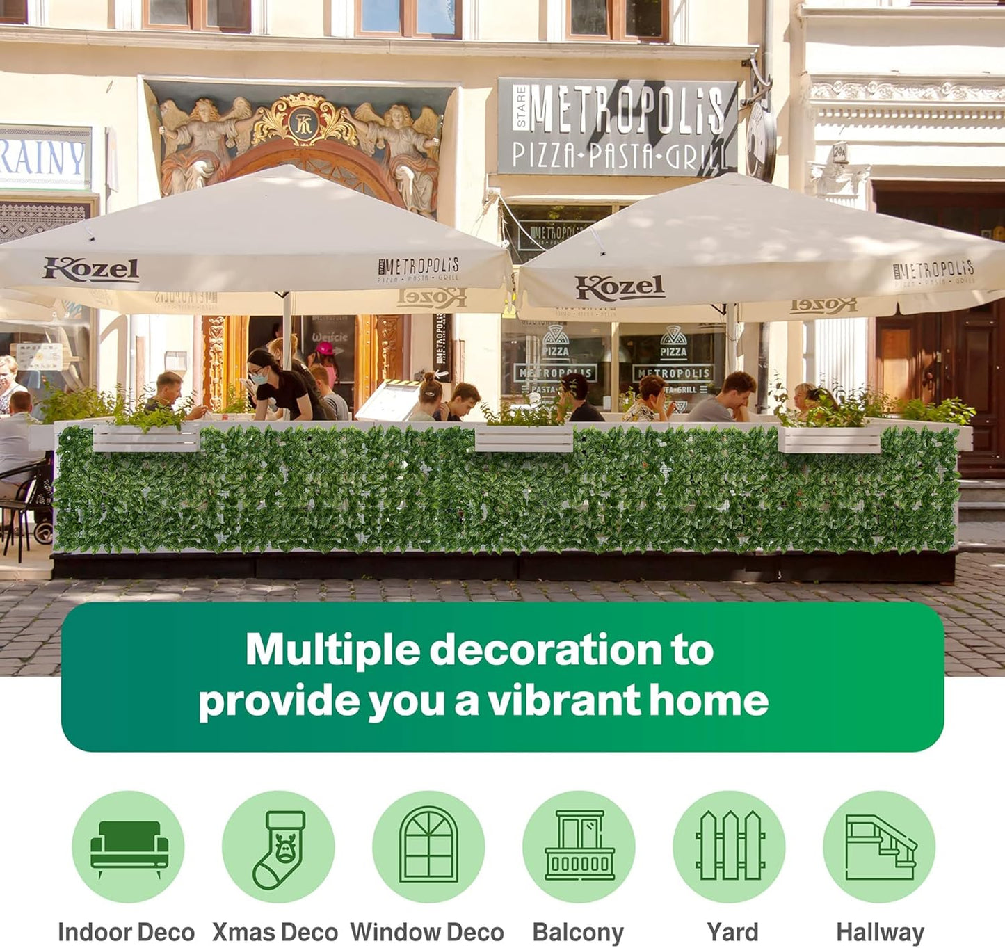 Jinwu Artificial Ivy Privacy Fence Screen, 39.4x118 Inch Artificial Faux Ivy Hedge, Expandable Faux Privacy Fence with 80 pcs Zip Ties Decoration for Outdoor Garden, Color Printing Watermelon Leaves