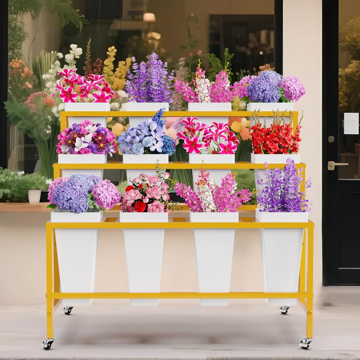 Putros Flower Display Stand with 12 Buckets Gold 3 Layers Metal Floral Cart with Wheels Moving Florist Bouquet Bar Plant Shelf for Indoor Outdoor Patio Garden Party Decor