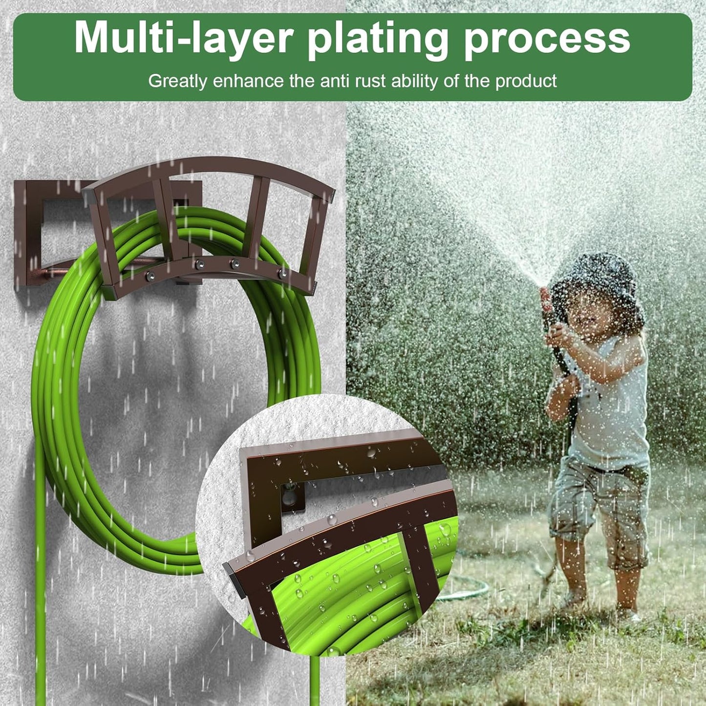 2 Pack Garden Hose Holder Wall Mounted, Outdoor Heavy Duty Metal Water Hose Holder Hanger Holds 125-ft Water Pipe, Sturdy Detachable Hose Storage Organizer Reel Rack for Outside Garden Lawn, Bronze