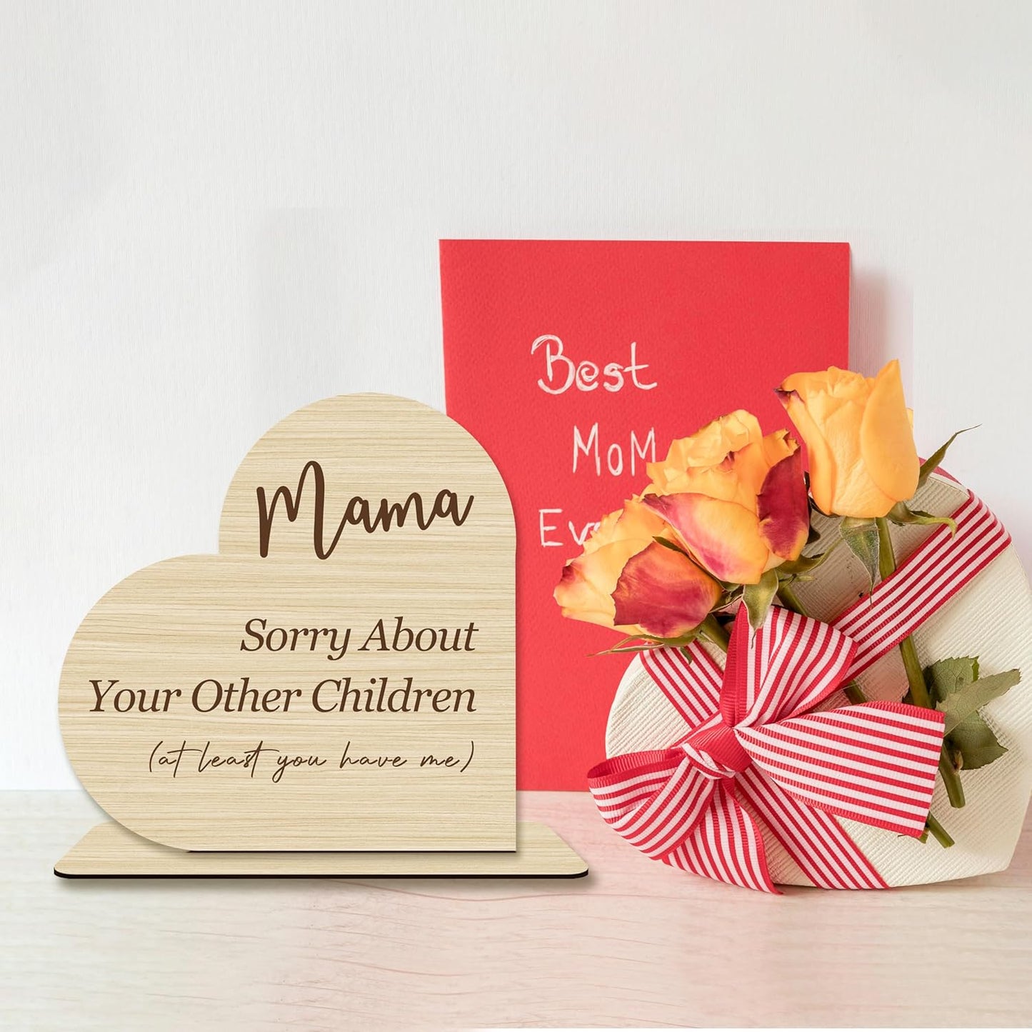 Funny Mom Gift – “Mama Sorry About Your Other Children” Heart-Shaped Wooden Plaque, Rustic Desk Decor, Mother’s Day or Birthday Present from Daughter or Son.(051)
