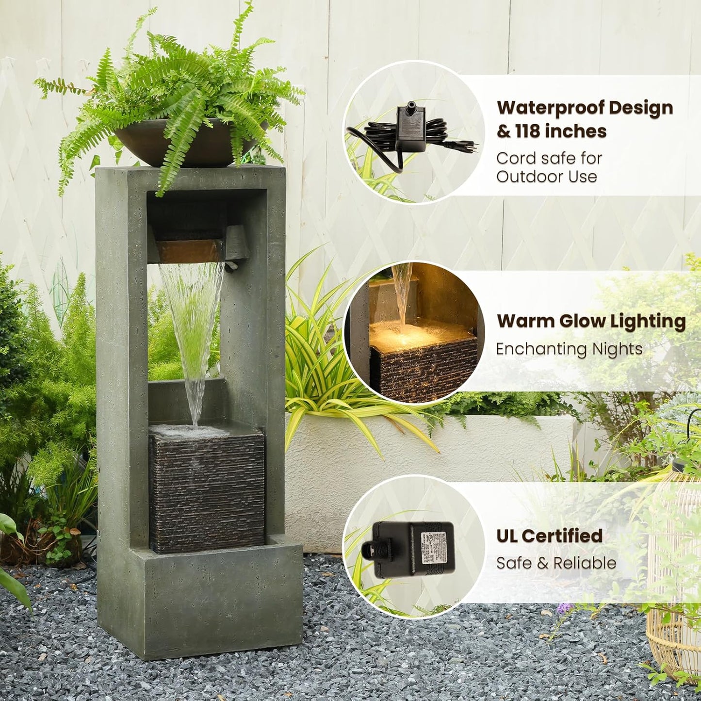 Outdoor Water Fountain Jar Water Feature for Garden Floor Standing Fountains Resin Cascading Waterfall with Pump and Lights for Patio Yard Deck Home Decor, 41 inches Tall