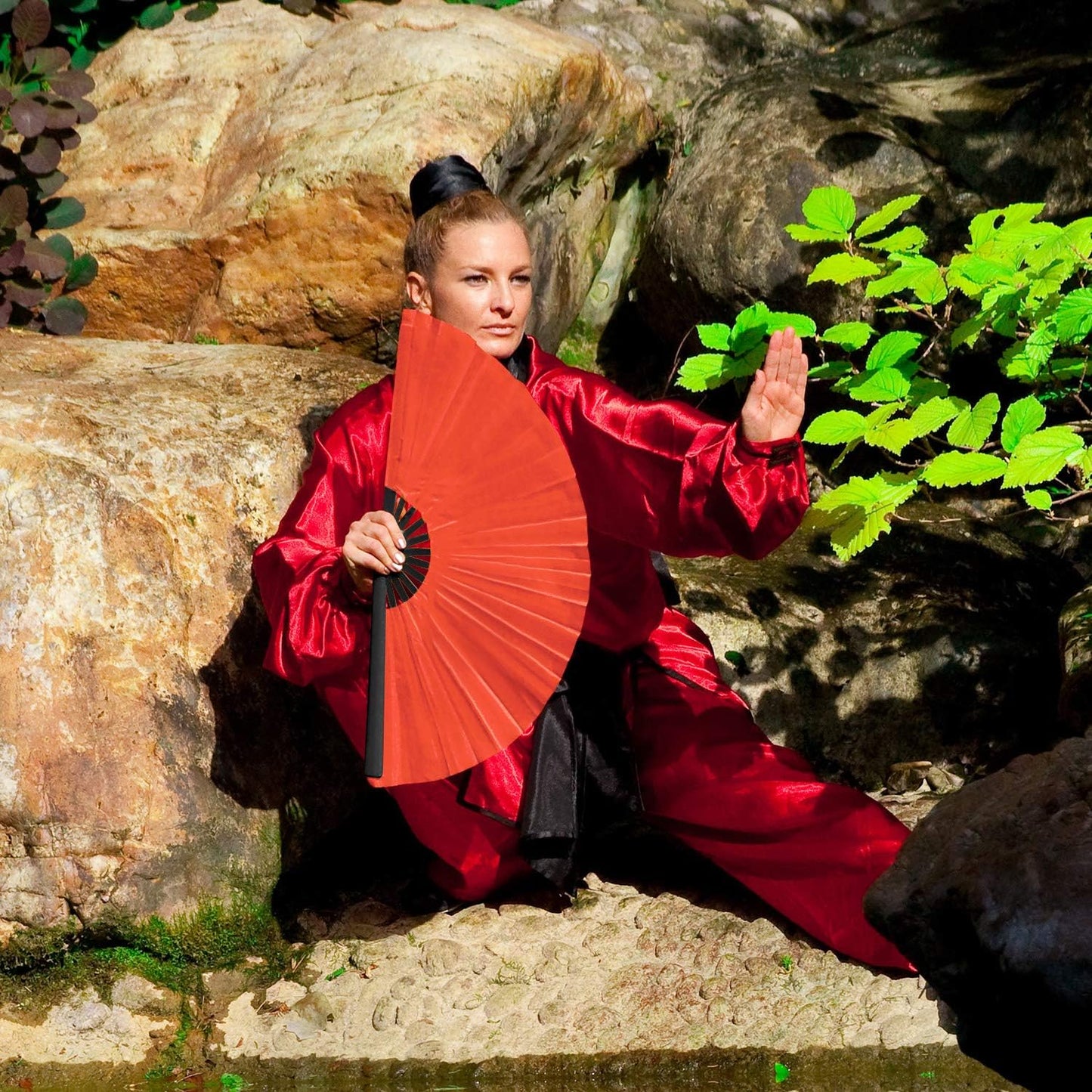 Maitys 2 Packs Large Clap Fans for Line Dancing Large Chinese Folding Hand Fans for Men and Women, Festival, Tai Ji, Kungfu, Martial Art, Gifts (Red)