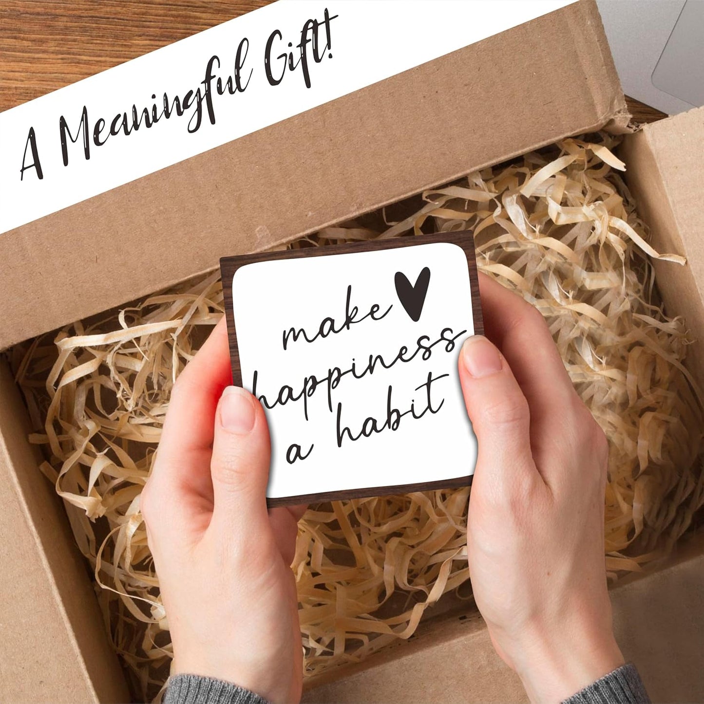 4" Wooden Sign For Tabletop - Make Happiness A Habit,Inspirational Wooden Plaque, Desk Decor And Quote Sign For Office, Home Decorations & Gifts - A06