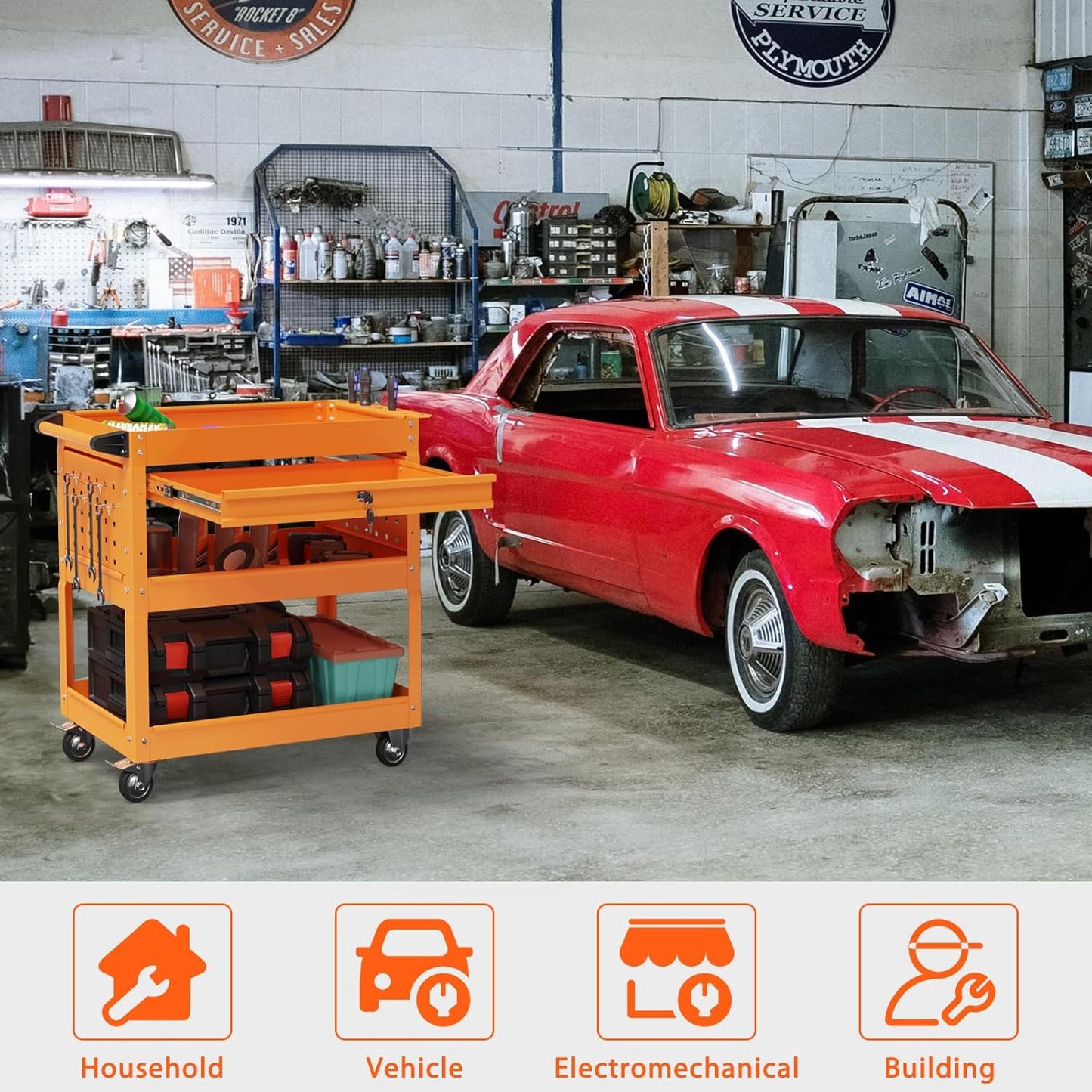 3-Tier Heavy Duty Utility Cart on Wheels, Rolling Tool Cart on Wheels with a Drawer, 350 Lbs Load Capacity Service Cart for Warehous, Garage and Repair Shop (Orange)