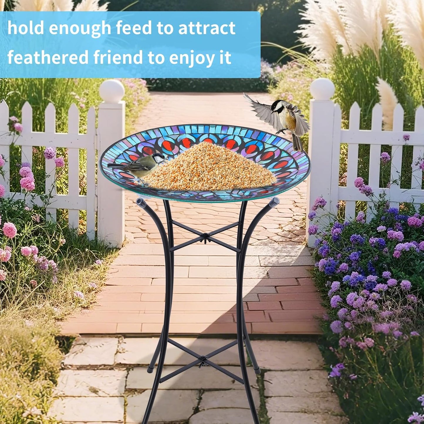 MUMTOP Mosaic Glass Bird Baths, 14 Inch Width Outdoor Garden Peacock Bird Bath Bowl with Metal Stand, Unique Glass Birdbaths Bird Feeder for Yard Decor, 19.68 Inch Height