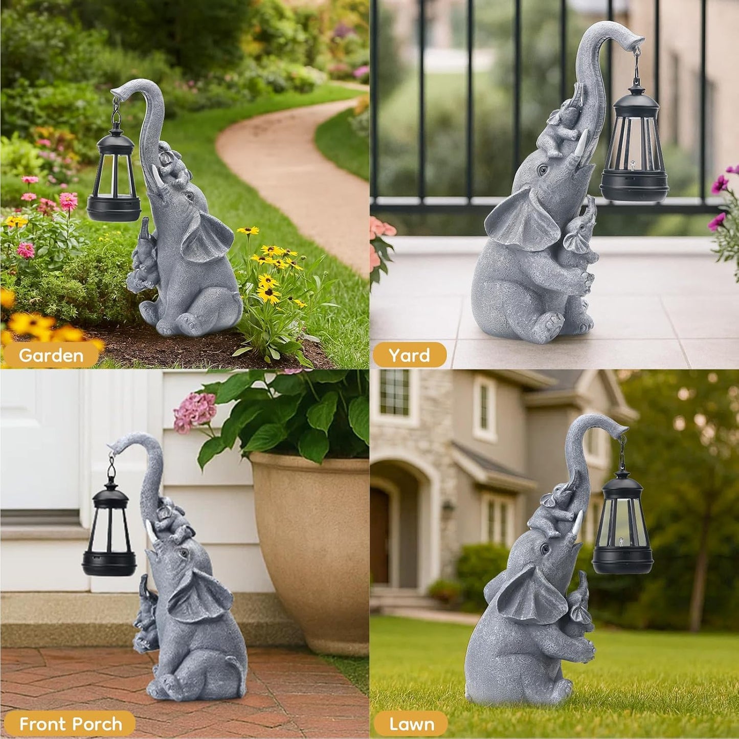 Solar Elephant Garden Lantern Statue Decor - Blessing Guardian, Auto On/Off Weatherproof Resin for Patio, Safari Theme & Good Luck Gift
