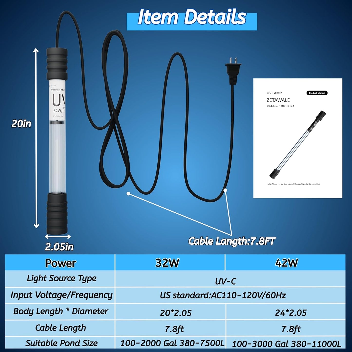Pond UV Light for Fish Tank UV Pond Water Clarifier for 100-2000 Gallon UV Pond Filter for Koi Pond Swimming Pool Spa Large Fish Tank UV Light Aquarium for Outdoor Pond Algae Control(32W)