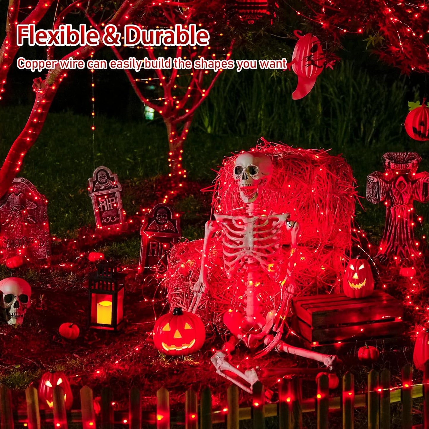 JMEXSUSS 2 Pack Red Solar Lights Outdoor Waterproof, Each 33FT 100 LED Red Halloween Lights, Solar Fairy String Light for Outside Tree Party Patio Christmas Halloween Decorations