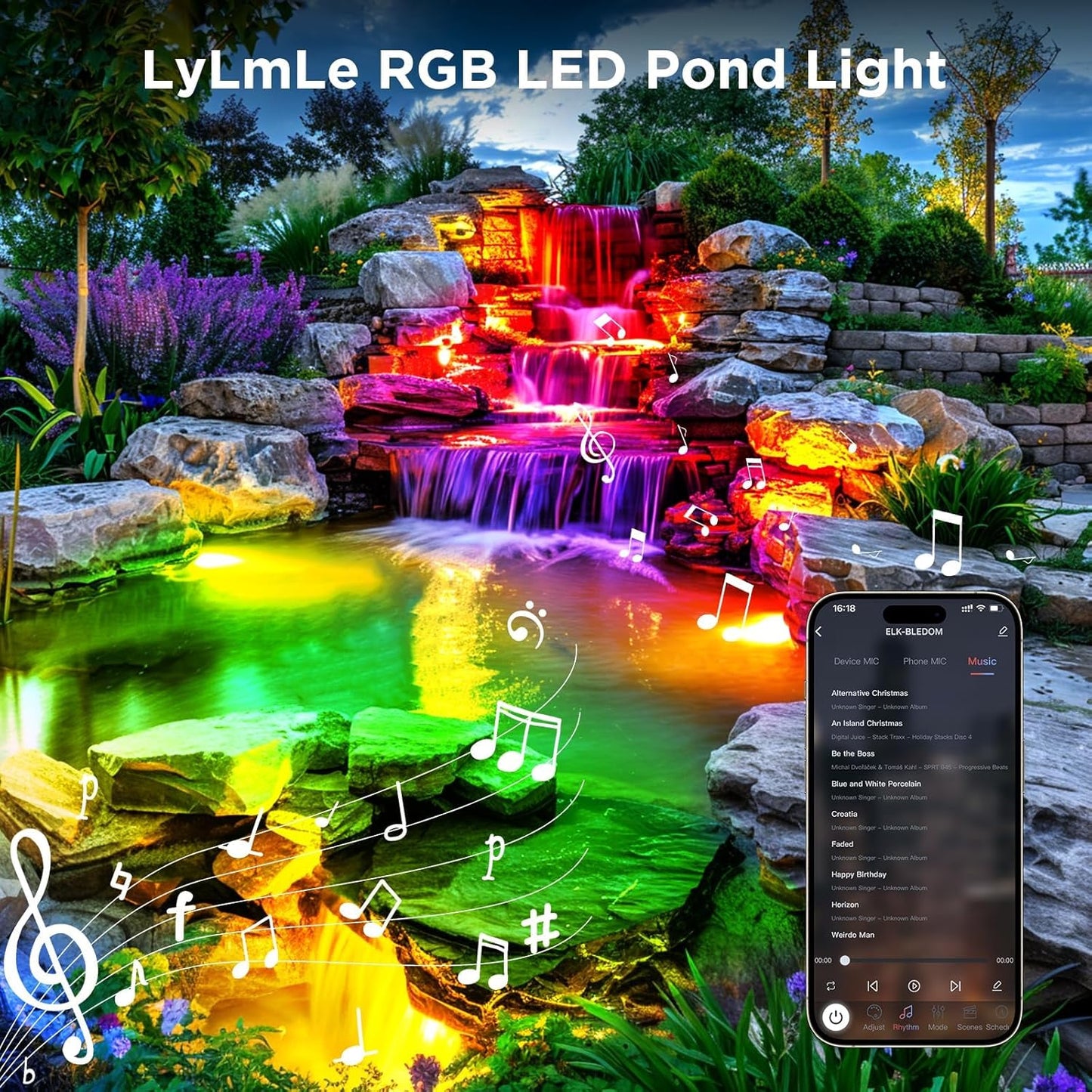 LyLmLe LED Pond Lights with APP Control, 6W SS316 Stainless Steel RGB Underwater Fountain Light with 12V Transformer, IP68 Waterproof Outdoor Underwater Lights for Pond Waterfall, Black Wire
