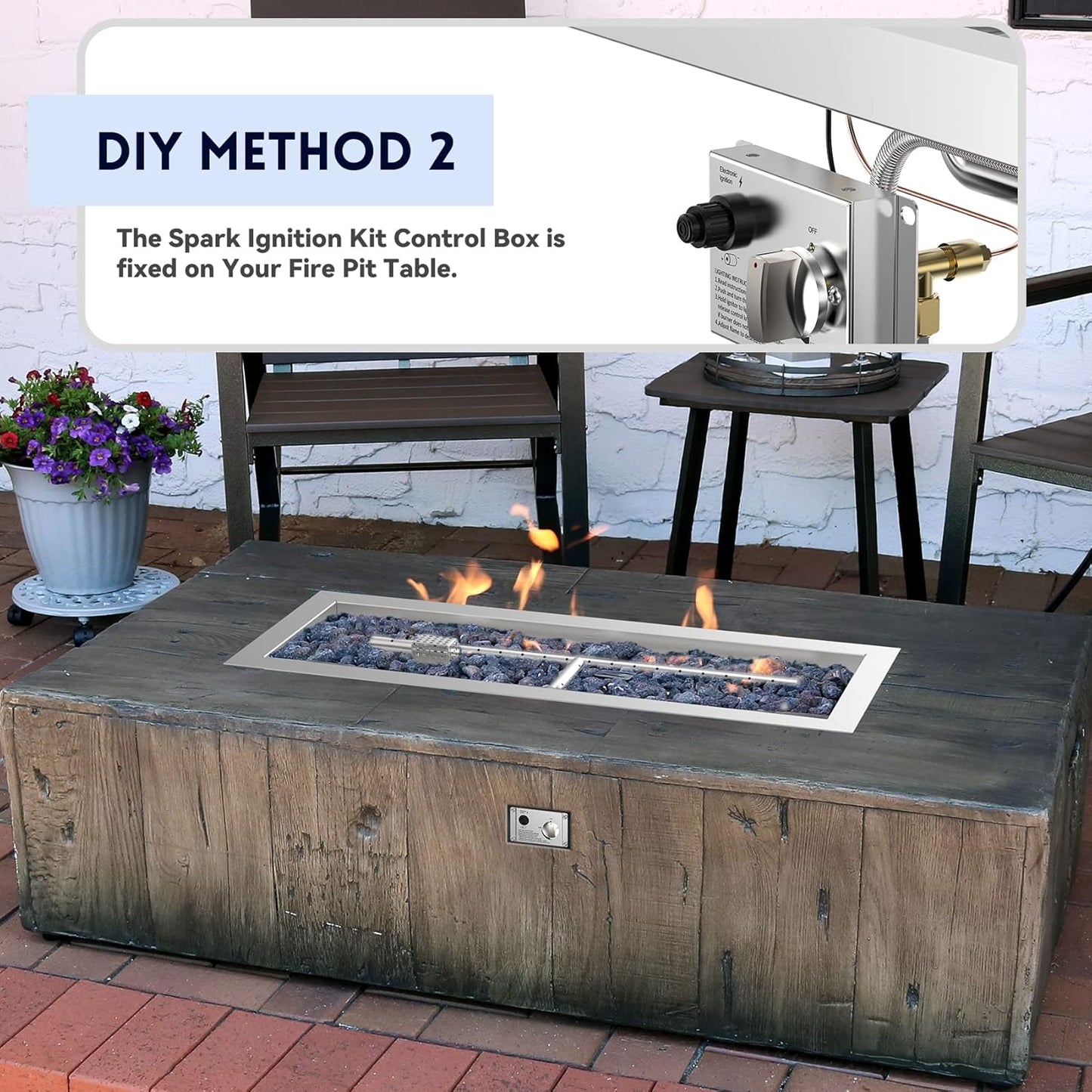 Skyflame 30" Rectangle Stainless Steel Fire Pit Drop-in Burner Kit with Extinguishing Protection Device, Electronic Spark Ignition, and Propane Regulator Hose Set