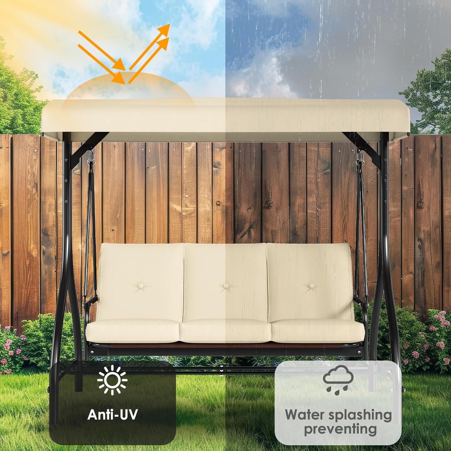 TLSUNNY 3-Seat Outdoor Patio Porch Swing with Adjustable Canopy & Backrest, Convertible Glider Bed with Stand, Removable Seat Cushion, 45° Tilt Adjustment for Backyard, Poolside, Balcony - 750LBS