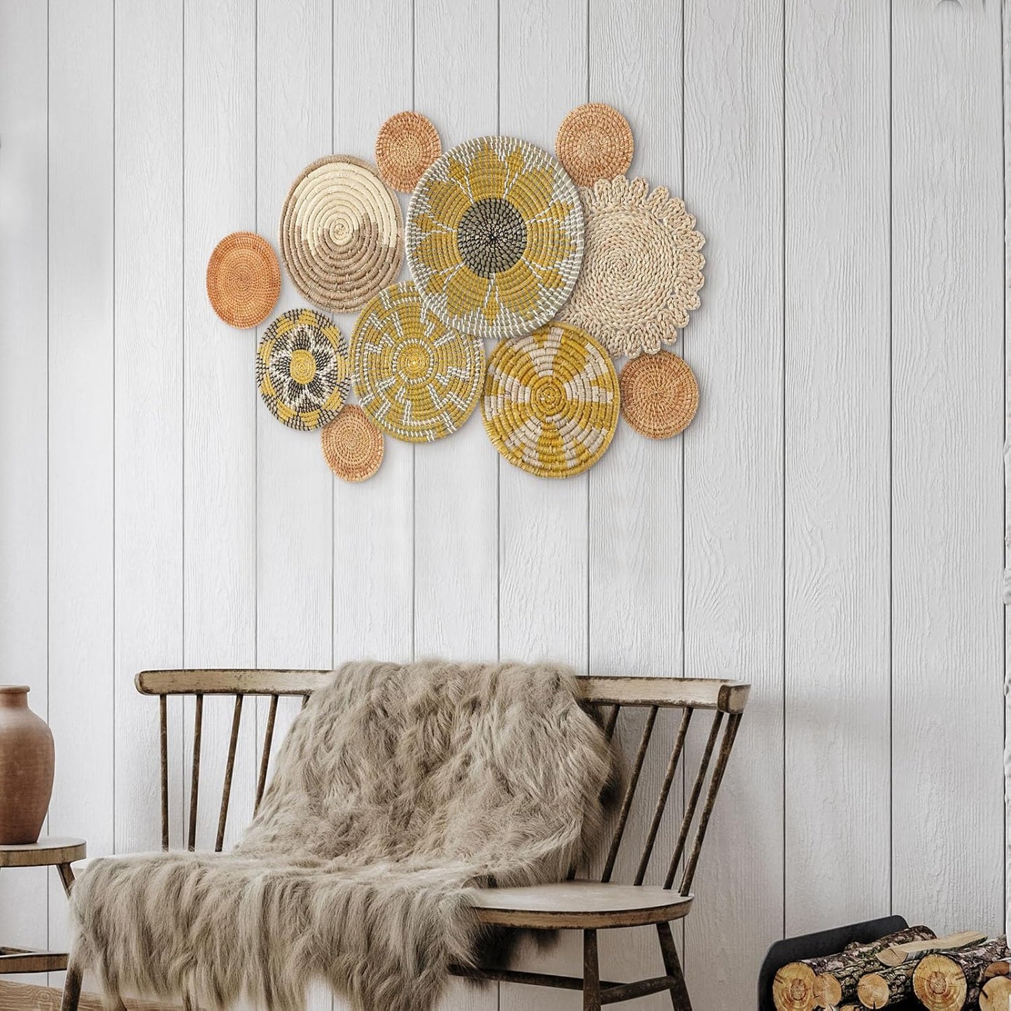 Tatuo 11 Pcs Boho Wall Basket Decor Decorative Bulrush Woven Basket Wall Decor Art Round Farmhouse Hanging Baskets for Kitchen Rustic Home Summer Decorations, Multi Sizes(Lively)