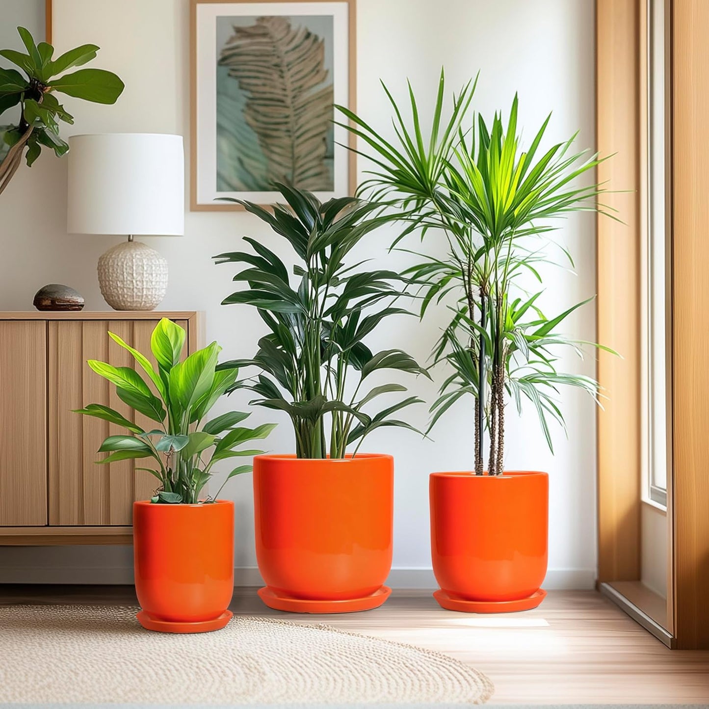 12 Inch Pots for Plants - Ceramic Planter with Drainage Hole and Saucer, Decorative Round Large Plant Pot for Indoor Outdoor Plants, Plant Lover Gifts, Home Office Garden Decor, Orange