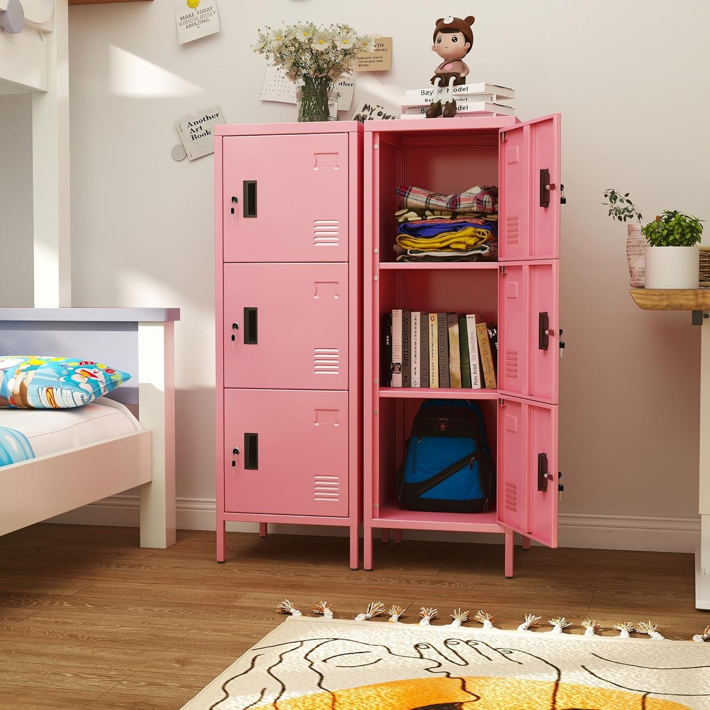 Metal Locker with Ventilation Holes, Metal Storage Cabinet with Lock and Card Slot for Home,School, Office, Garage,47.3" H x 15.8" W x 15.8" D,Assembly Required,Pink