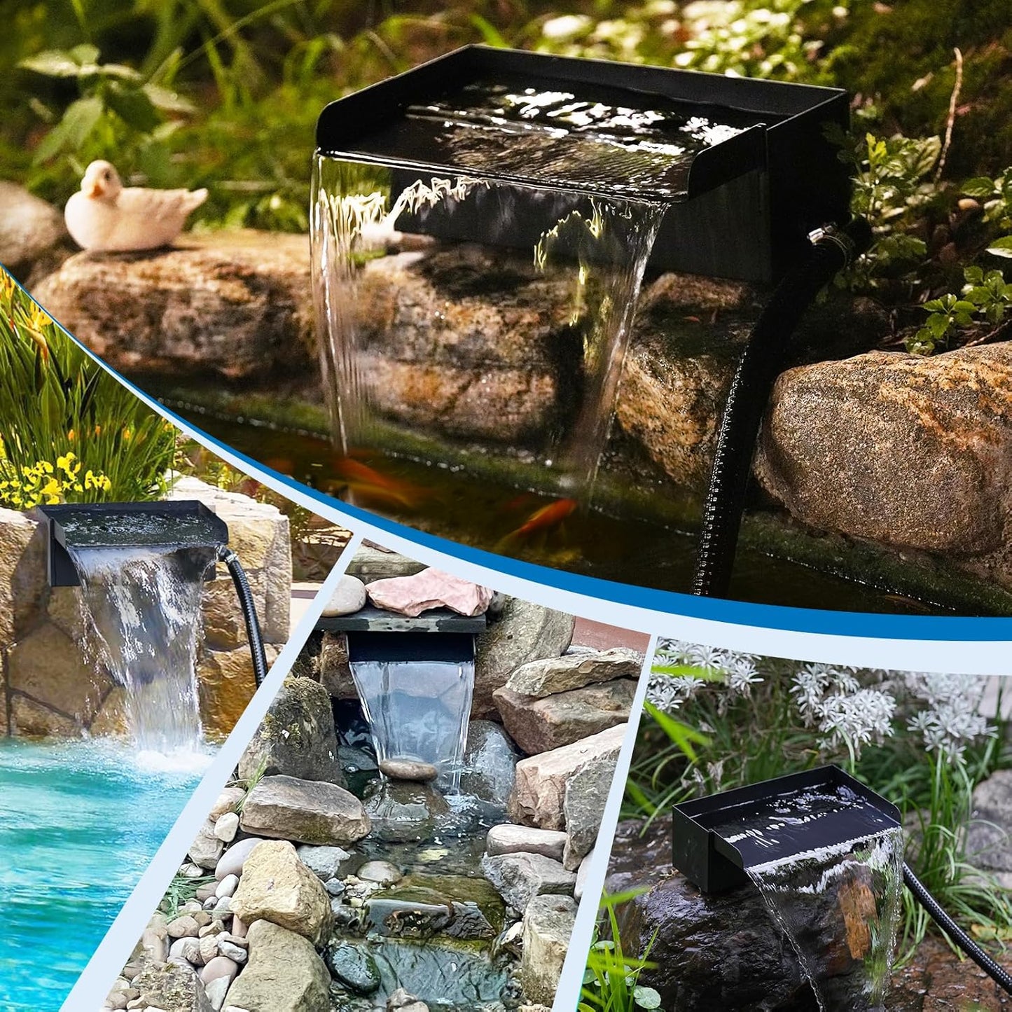 Biling 8" Pond Waterfall for Outdoor Ponds, Waterfall Spillway Pond Kit with 40W 660GPH Pump, Stainless Steel Waterfall Box and 9.8FT Corrugated Tubing for Water Garden, Ponds and Water Features