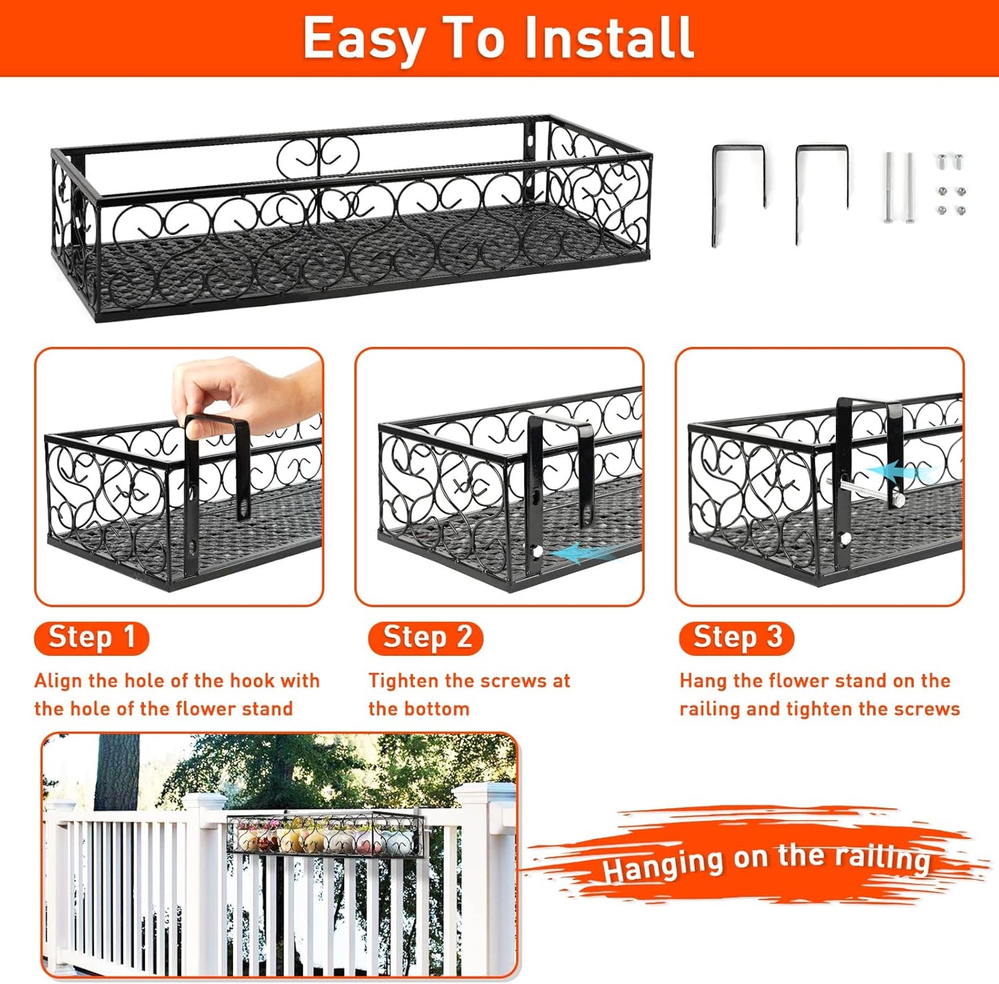 Balcony Flower Pot Stand Rack Patio Railing Shelf Plant Pots Holder Windows decorate (L, Black)