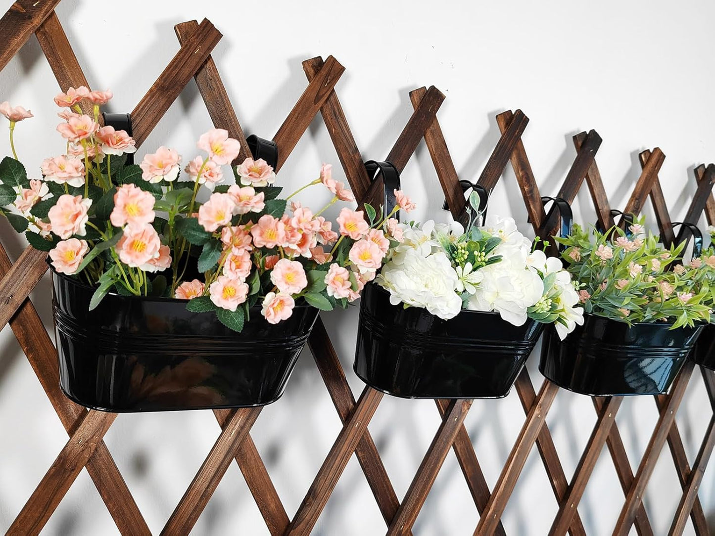 2 Pack Metal Hanging Planter for Outdoor Plants, 10 Inch Black Fence Planters Railing Pots for Garden Patio Balcony Decor, Flower Bucket with Detachable Hooks (Black, 2Pcs)