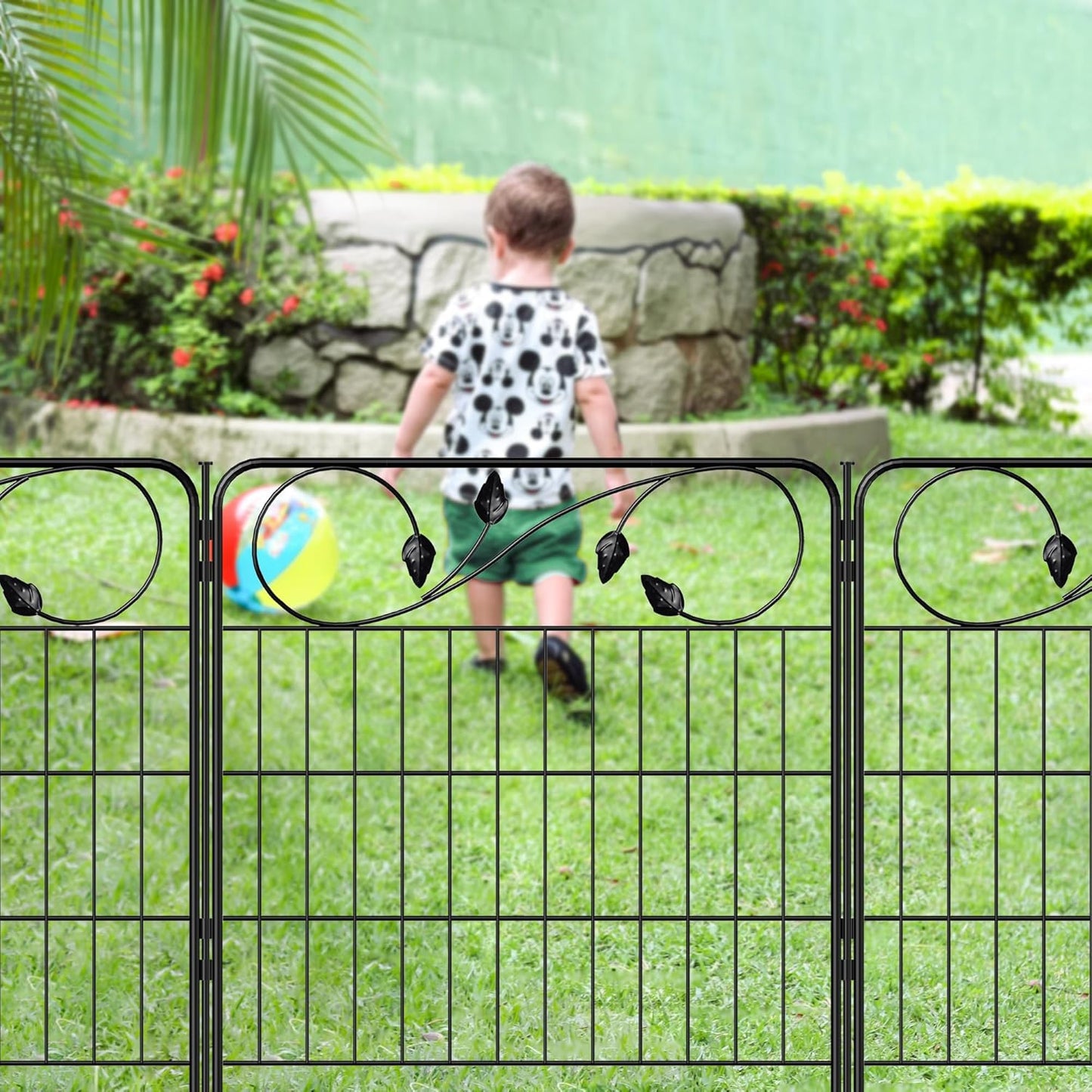 Decorative Metal Garden Fence 24in(H) X10ft(L) 5 Panels Leaf Black Rustproof Wire Border Fence for Landscape Patio Flower Bed Garden Fencing Panel Animal Barrier for Dogs
