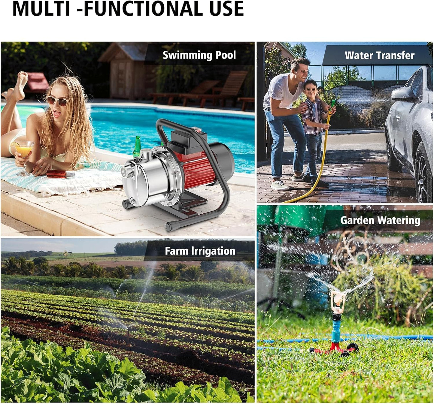 1.6HP Shallow Well Pump, 1300GPH Shallow, Portable water, for Garden Farm Irrigation Lawn, Sprinkler System, transfer pump Remove Standing Water, Landscape Fountain.