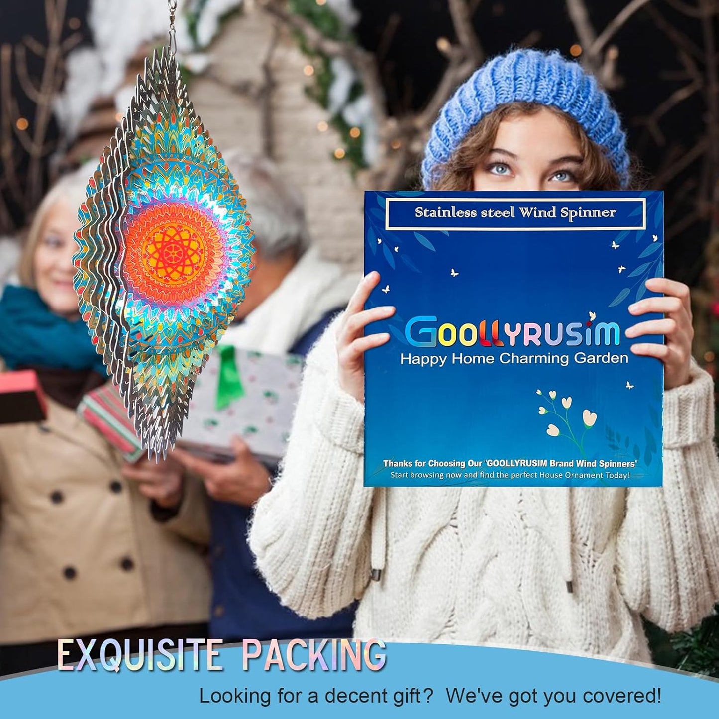 Goolyrusim Wind Spinner Mandala Circle - 3D Wind Spinners Outdoor, 12-inch Stainless Steel Hanging Wind Sculptures for Yard and Garden, Kinetic Art Decoration Porch Decor Patio Ornament, Mandala Gift