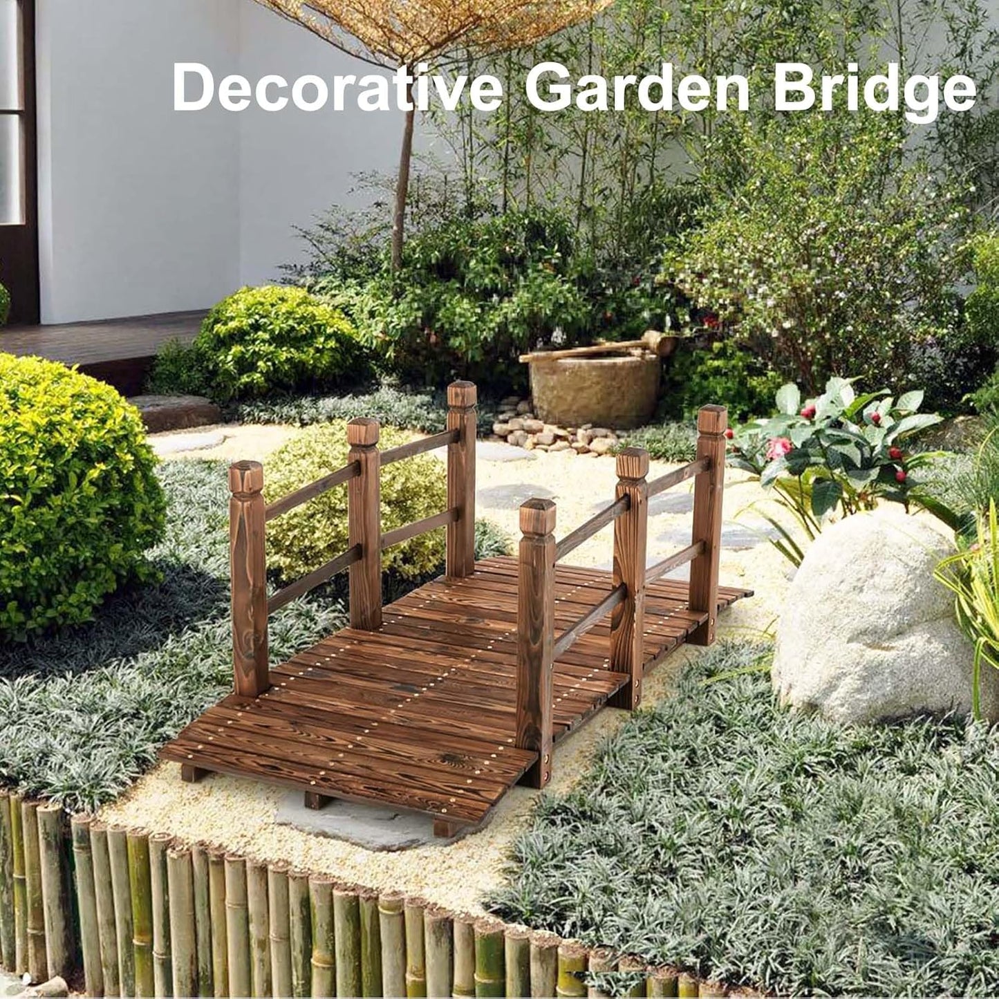 Giantex 5 ft Garden Bridge - Stained Wood Arc Footbridge Walkway with Side Railings, Decorative Wooden Bridge Landscaping for Backyard Farm Garden Creek Pond Decor, Easy to Assemble (Stained Brown)