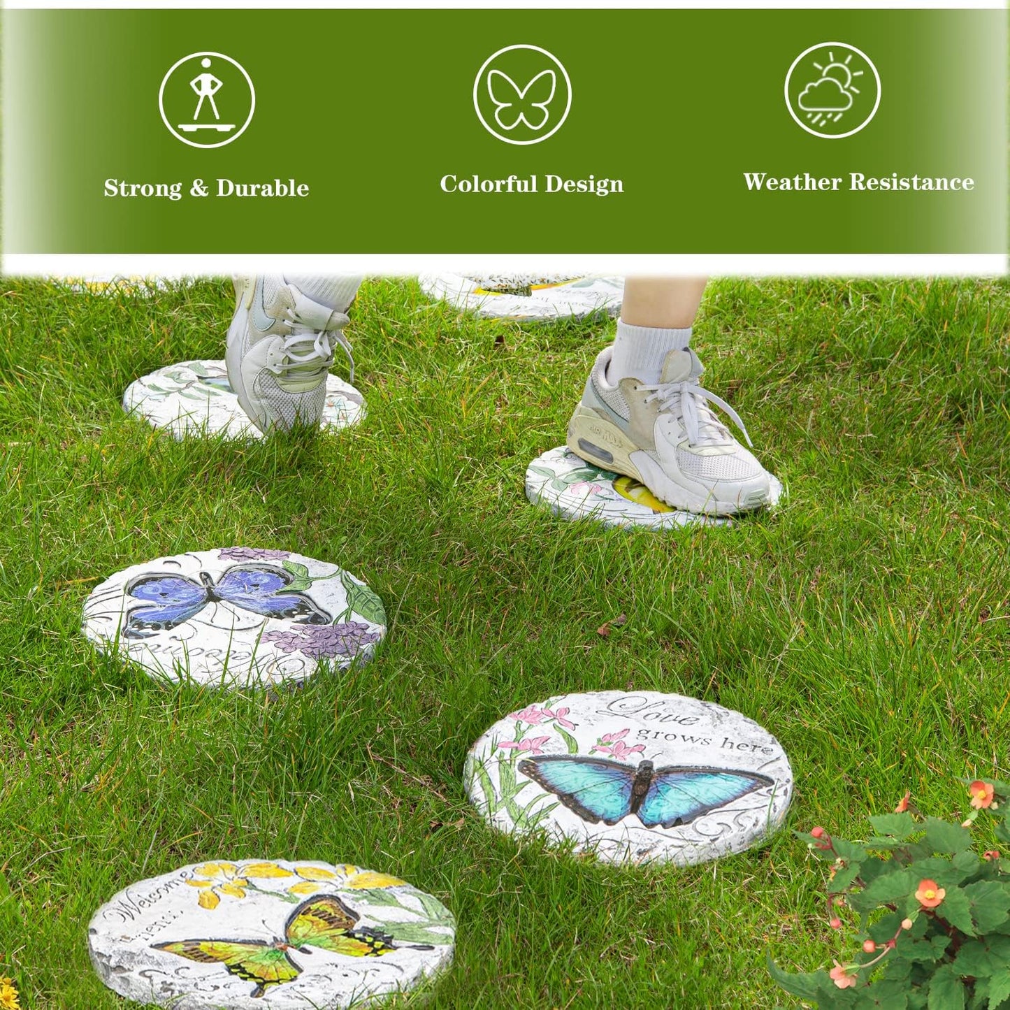 Sungmor 3PC Pretty Garden Stepping Stones, 9.8" Large Concrete Decorative Stones with Beautiful Pattern, Unique Outdoor Lawn Accents, Yard Walkway Flower Bed Wall Shelf Welcome Friends Decorations