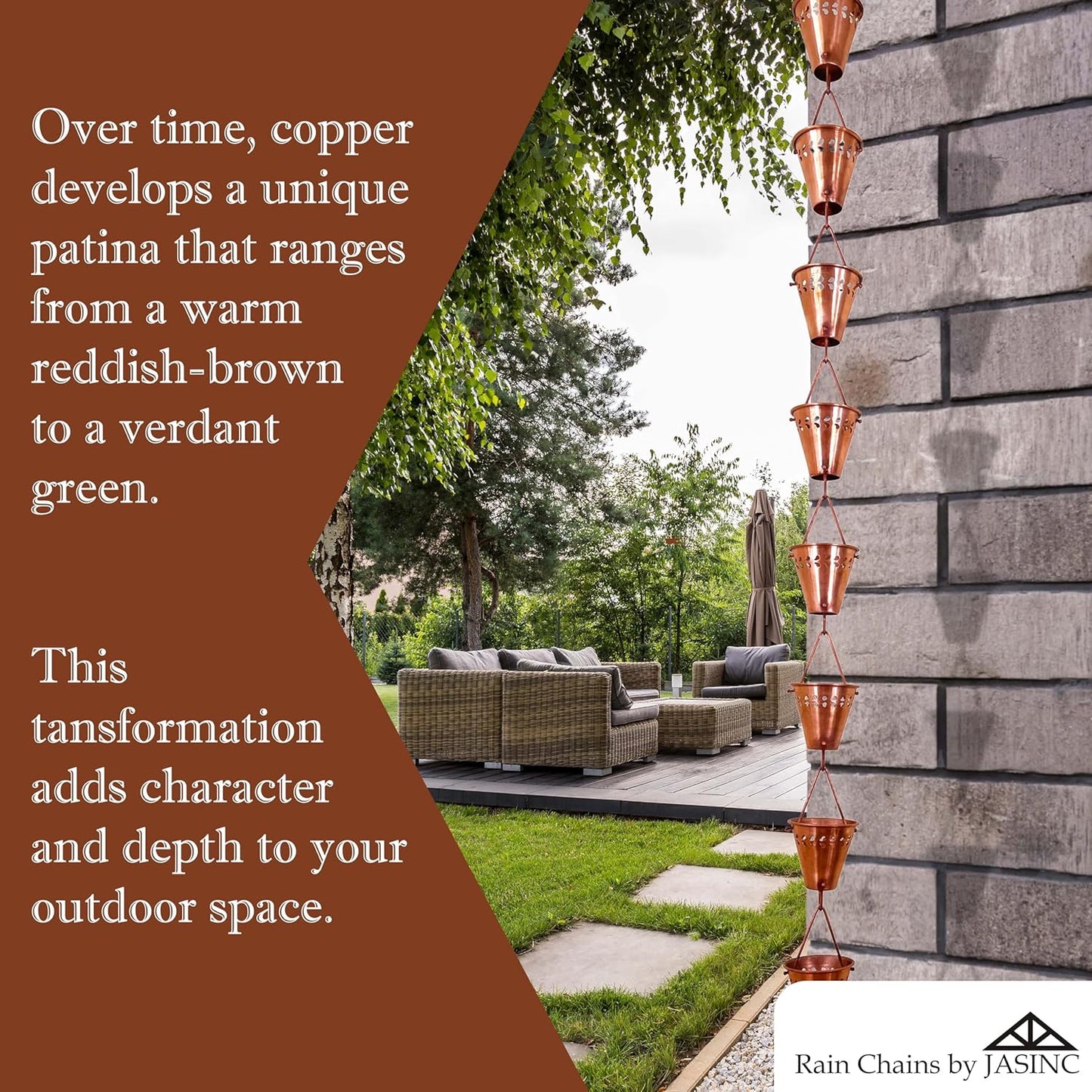 8.5 ft Fiona Cups Pure Copper, to Replace Roof Gutter Downspout, with Installation Kit, Rainwater Catcher/Water Diverter, JAS3004C