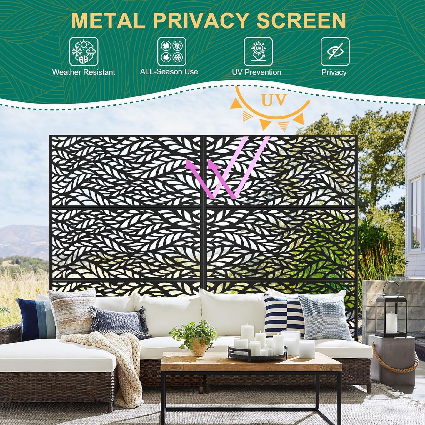 72" H47" W Metal Outdoor Privacy Screen - Freestanding, Decorative Fence (3 Panels)