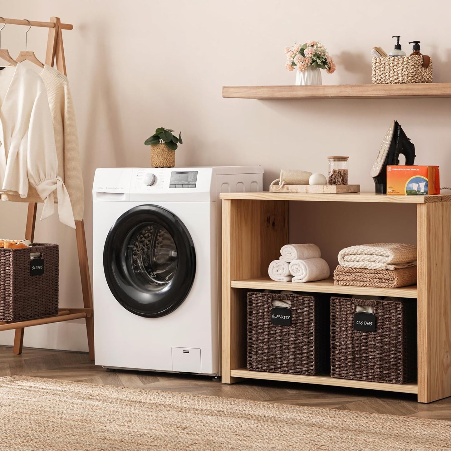 UBBCARE 4 Pack Wicker Basket, 13×13 Storage Cubes with Label, Foldable Cube Storage Bin with Handle, Square Storage Basket for Shelves, Woven Paper Rope Basket for Organizing, Brown