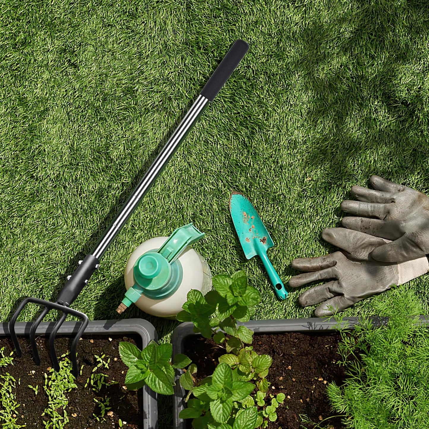 Long Hand Cultivator, Carbon Steel & Stainless Steel Tiller Cultivator, Garden Cultivator with Telescopic Handle and Soft Handle Cover, Hand Tiller for Digging Loosening Weeding