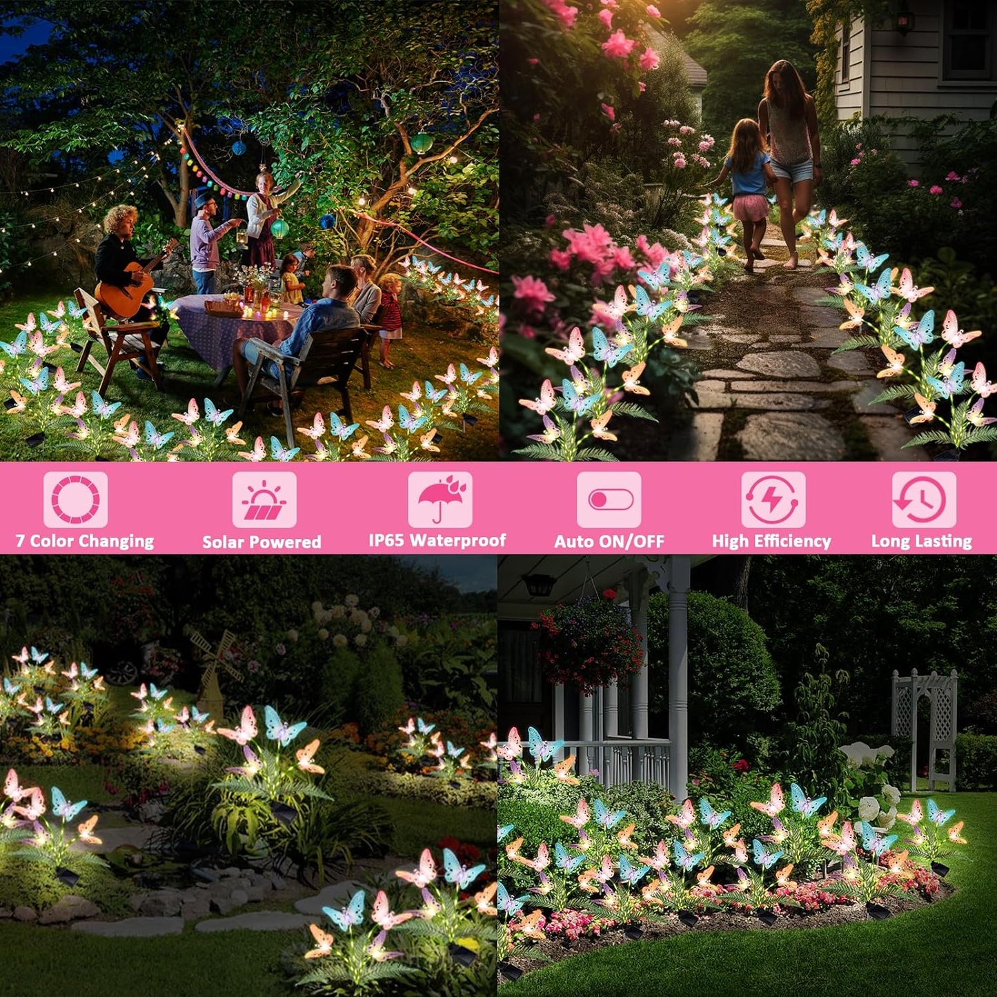 Solar Garden Lights 4 Pack Waterproof Decorative Solar Lights Outdoor with Glowing Stems,7-Color Changing Fiber Optic Butterfly Light for Outside Yard Lawn Garden Decor, Gifts for Women