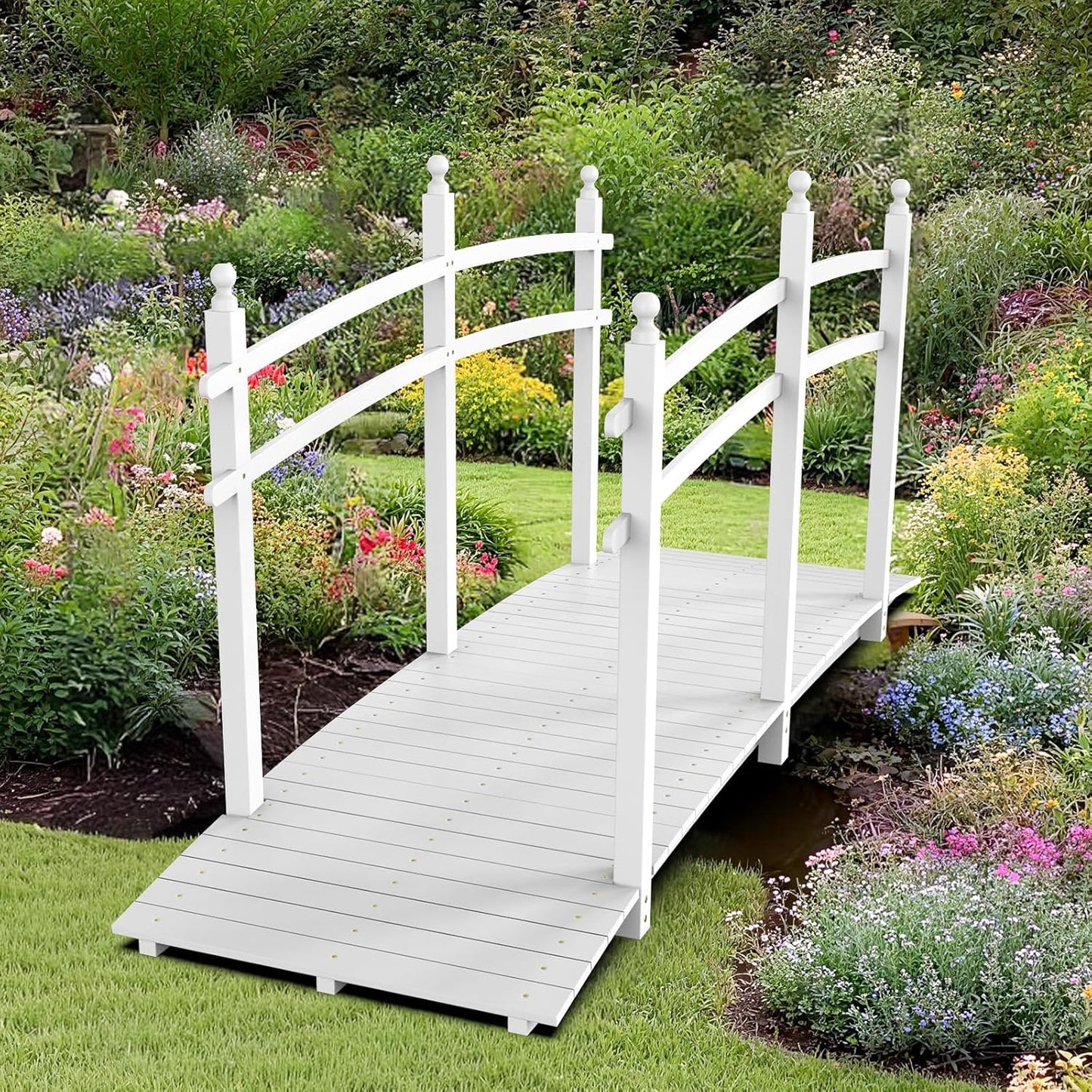 VINGLI Garden Bridge, Classic Wooden Arch with Safety Rails Footbridge (White, 7.5 ft)