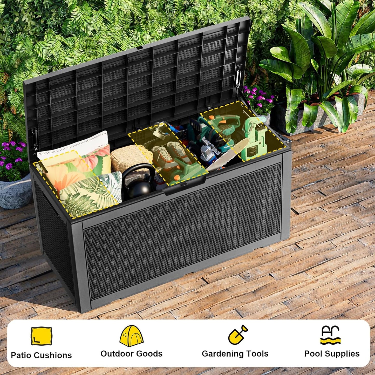 100 Gallon Outdoor Storage Box Waterproof, UV Resistant Resin Deck Box with Hydraulic Rod, Reinforced Stability for Patio, Garden, Rattan Black