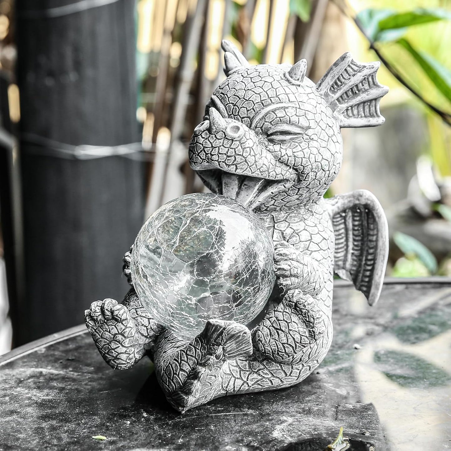 Garden Dragon Statue Solar Powered Outdoor Figurine Light Decor Cute and Hold Glowing Glass Ball Resin Sculpture Home Decoration for Porch Patio Lawn Farm Yard Housewarming Ornament Gift