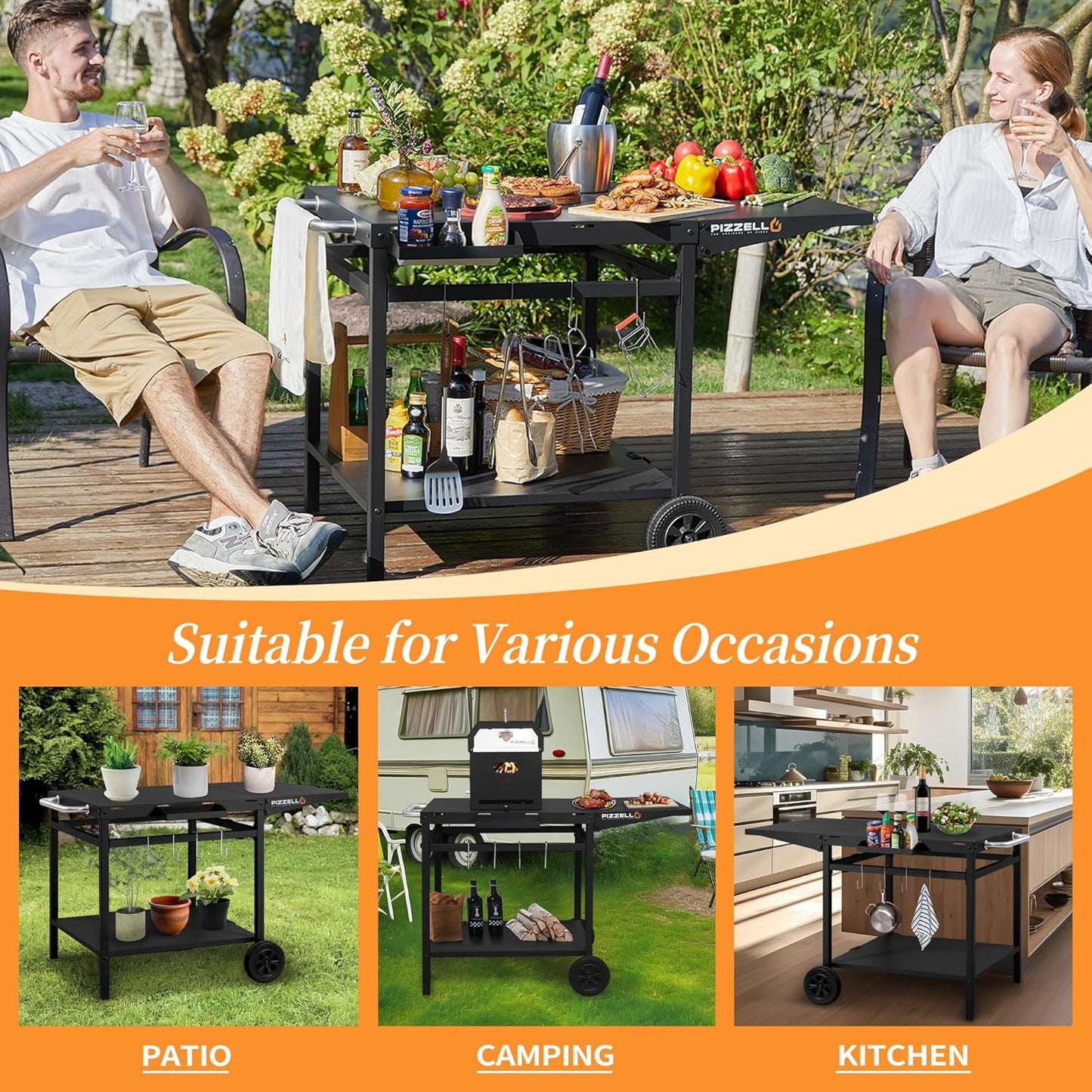 Outdoor Grill Table 44" x 26" Movable Pizza Oven Stand Foldable Double-Shelf Grill Cart Fit for 12/16inch Oven Ooni Ninja Woodfire Blackstone