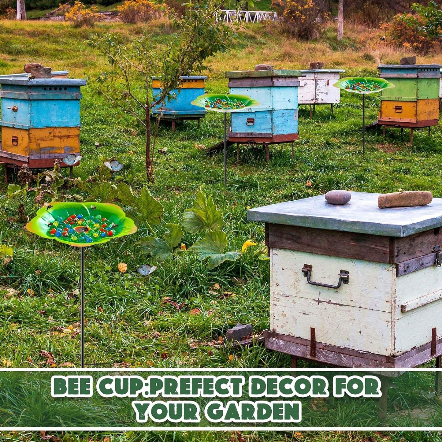 Tandefio Vivid Flower Bee Watering Station Metal Butterfly Water Feeder with 30 Colorful Glass Marbles Bee Feeder Butterfly Bath Bowl for Garden Outdoor Yard Decors(Green,Flower)