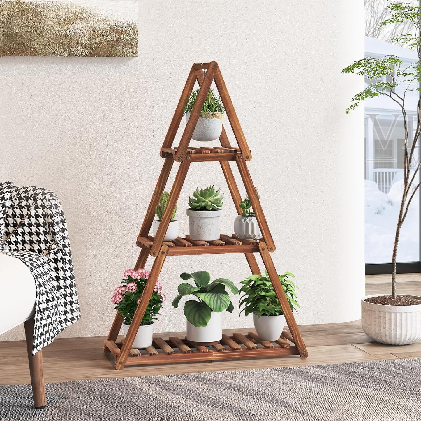 Wooden Plant Stand Indoor Outdoor,Christmas Tree Plant Shelf Indoor,3 Tier Tall Flower Stand for Multiple Plants,Corner Plant Holder for Living Room Bedroom Office Garden Patio Decor