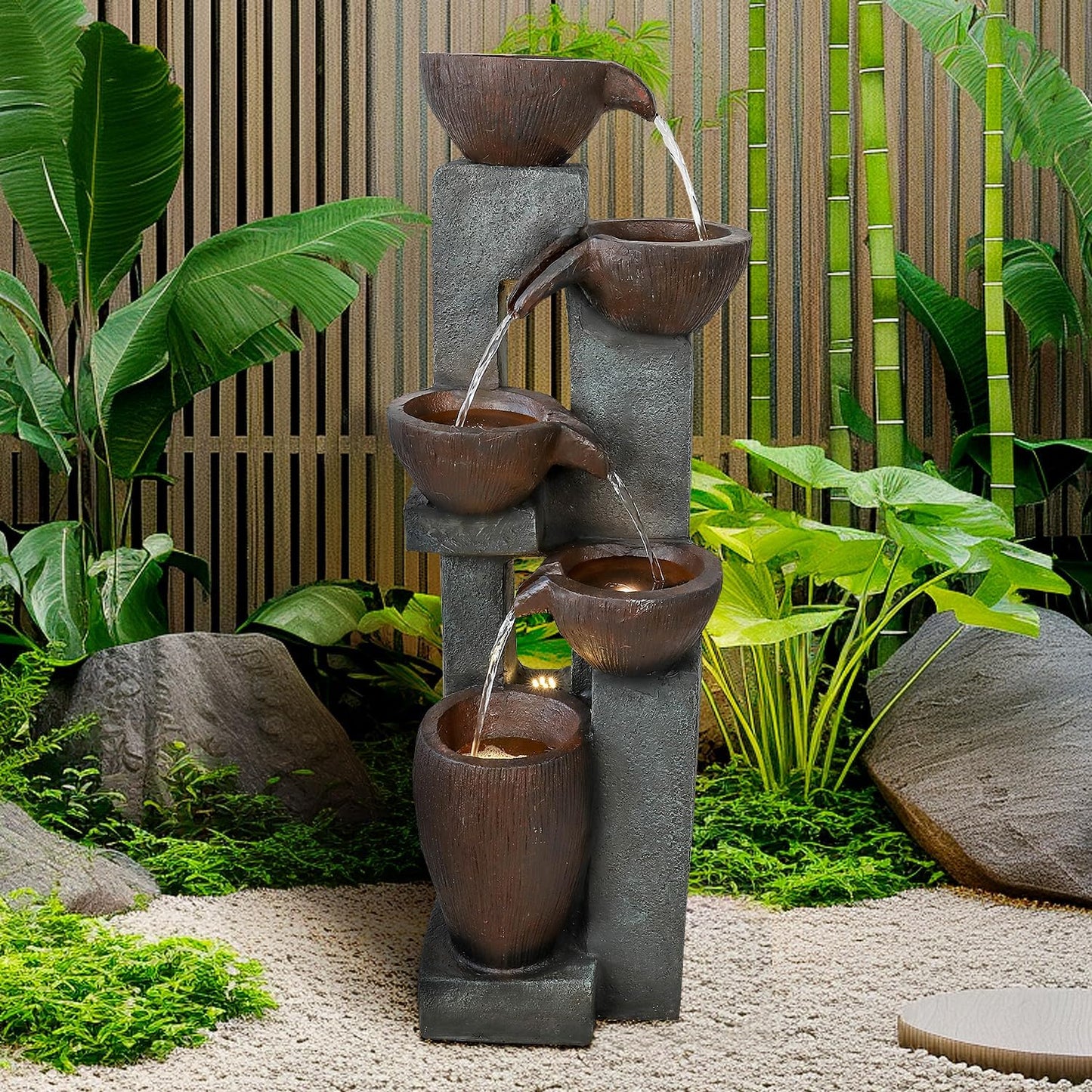 Naturefalls 39” H Modern Outdoor Fountain - 5 Crocks Outdoor Garden Fountains with Contemporary Design&LED Light for Garden, Patio, Deck, Porch, Backyard and Home Art Decor