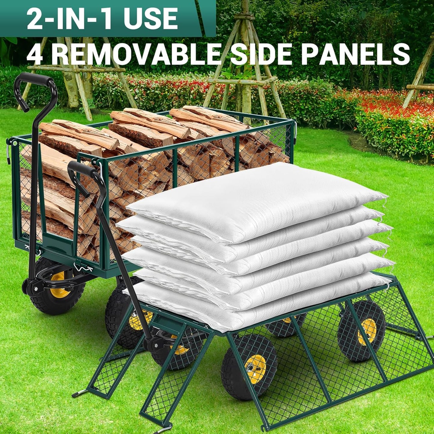 Heavy Duty Steel Garden Cart, 1100 LBS 3 in 1 Pullable Metal Garden Wagon with 10" Wheels, 180° Rotating Handle and Removable Sides for Farm, Yard