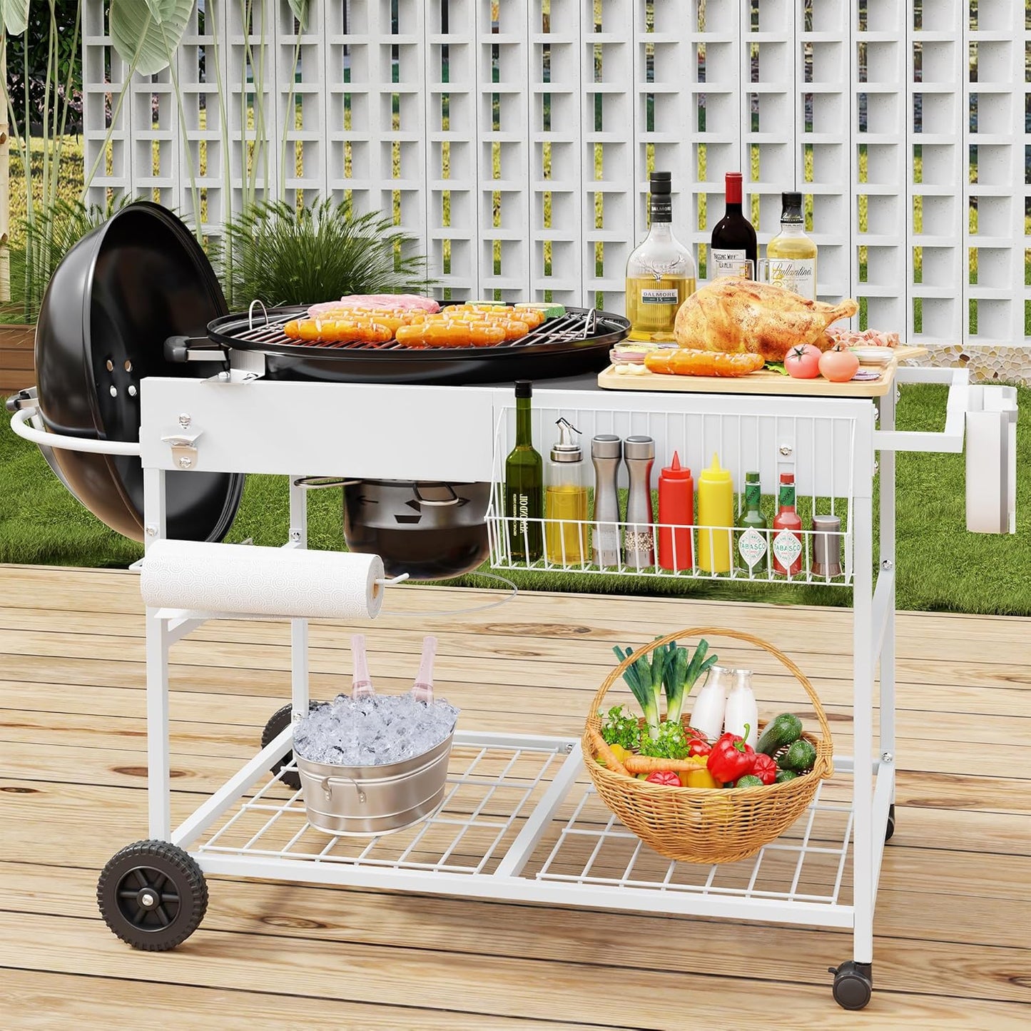 JY QAQA Grill Table for Weber 22" & 18" Original Kettle, Stand Cart for Jumbo Joe, Master-Touch, Performer Charcoal Grills with Sliding Lid Rack, Spacious Surface, Lockable Wheels for Outside