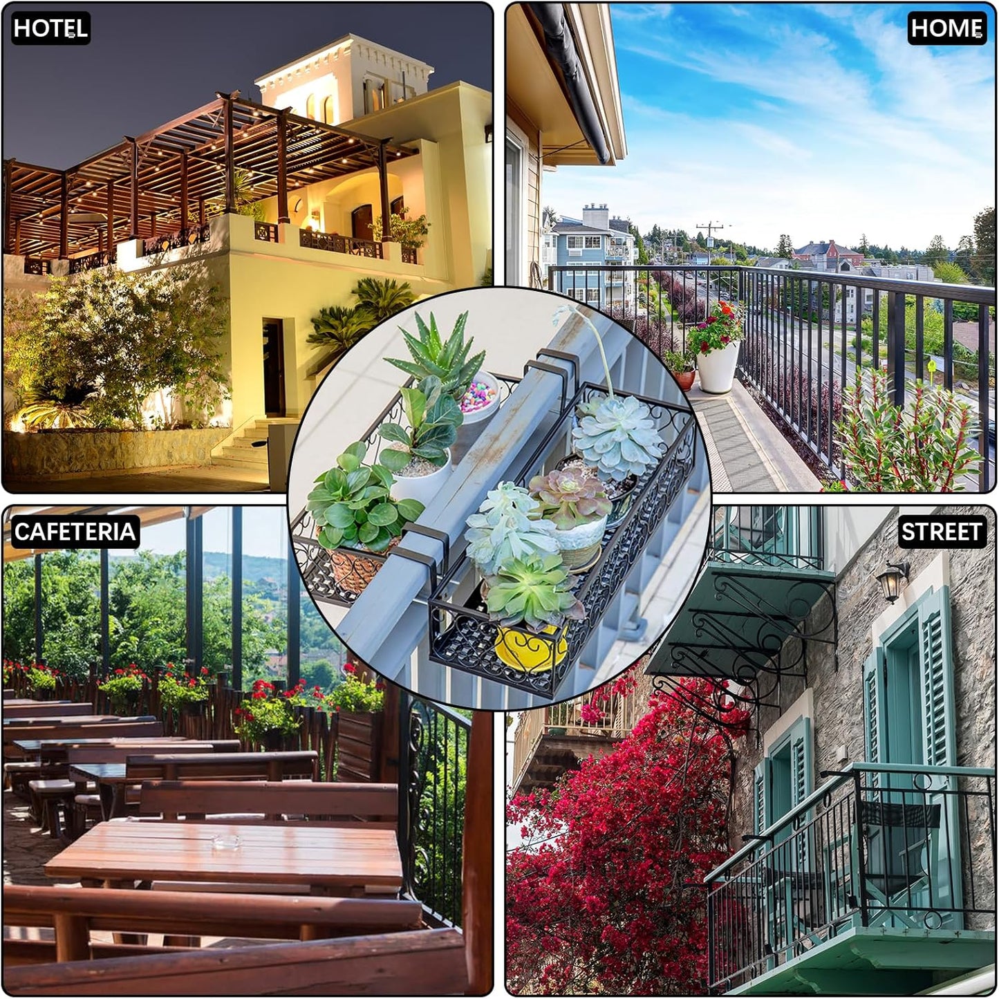 Metal Planter Flower Pot Holder Railing Shelf, Iron Balcony Planters Railing Hanging Bucket Pot Flower Holder with Hooks for Outdoor Garden Porch Patio(Black, 23.6 x 7.8 x 4.7 Inch)