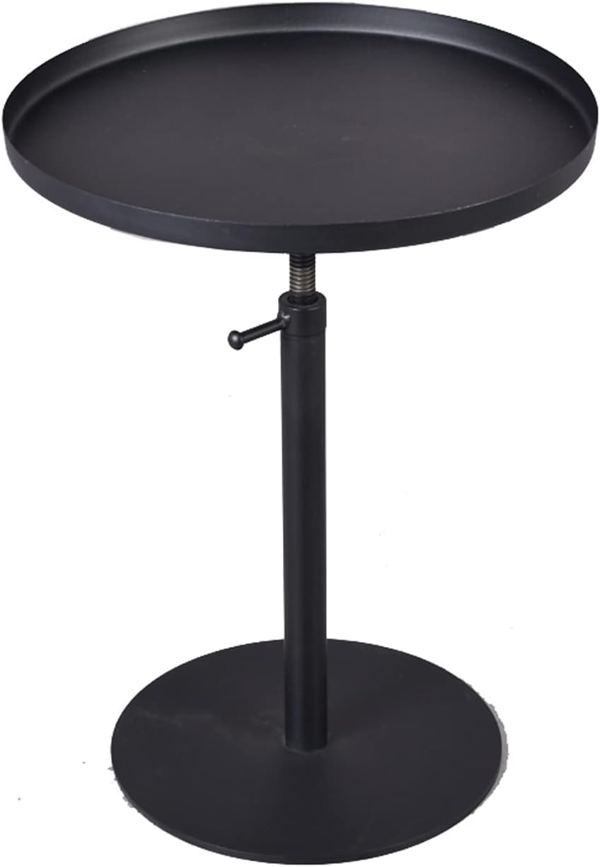 Outdoor Side Table,Tray Metal Sofa End Table, Accent Coffee Table, Adjustable Height, Waterproof and Anti-Rust Outdoor&Indoor Snack Table, Black (Round Top)
