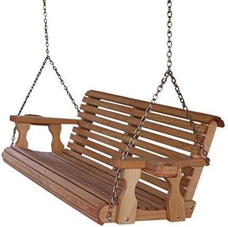 Amish Casual 4 Foot Roll Back Porch Swing with Cup Holders in Cedar Stain - Amish Made in The USA from Treated Pine Heavy Duty 700 Lb. Weight Capacity