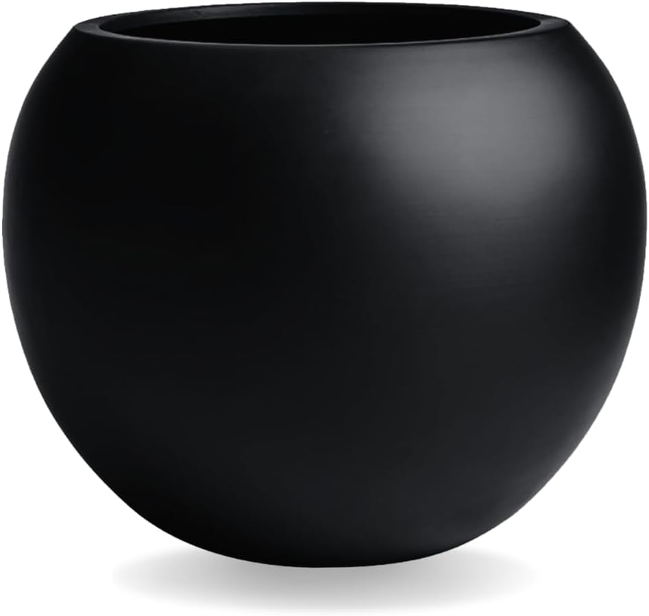 16" H x 20" D Globo Fiberstone Round Planter with Drainage Hole, Weather Resistant, Smooth Finish, Planters for Indoor Plants & Outdoor, 2 Extra Coco Mats (Black, 13.5" Pot Opening)