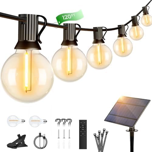 OHLUX 120FT Solar String Lights Outdoor with Remote, Commercial Grade Patio Lights with 52 Shatterproof G40 Globe LED Filament Bulbs, Dimmable Outside Edison Hanging Light for Backyard Party Decor