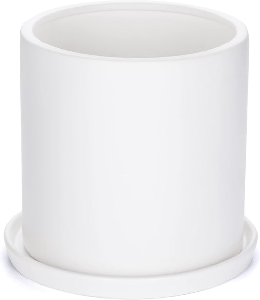 Plant Pots 10 Inch Ceramic Planter with Drainage Hole and Saucer, Matte White Modern Cylinder Planter Pot for Indoor Outdoor Plants Flowers, Full Glazed Finish