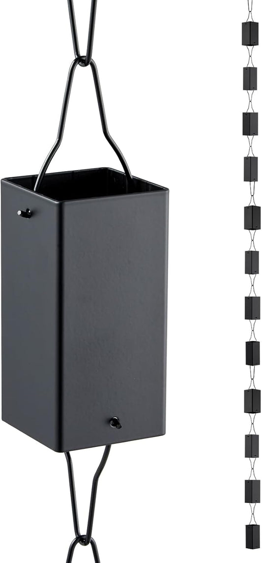 TE DEUM Aluminum Rain Chain, 8.5 Feet Length, 2.36inch Big Size Cup, Black Powder Coated, Functional and Decorative Replacement for Gutter Downspouts, V Gutter Clip Included, Black, 12 Cups