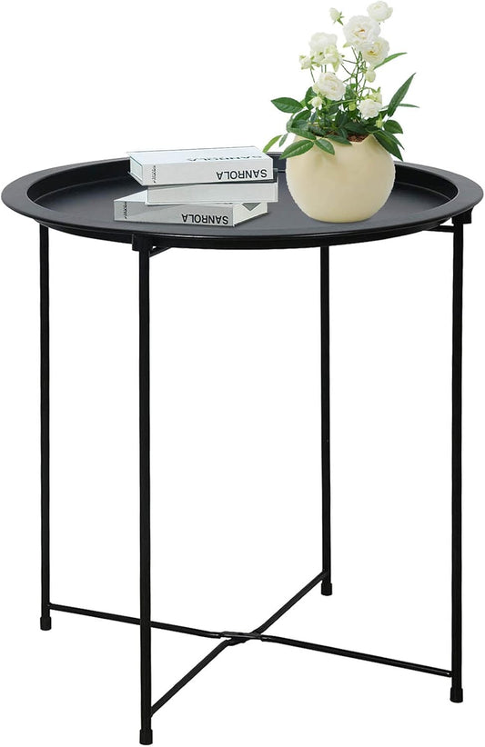 Garden 4 you End Table Metal Side Table Black Round Folding Tray Cyan Sofa Small Accent Fold-able Table, Round End Table Tray, Next to Sofa Table, Snack Table for Living Room and Bed Room