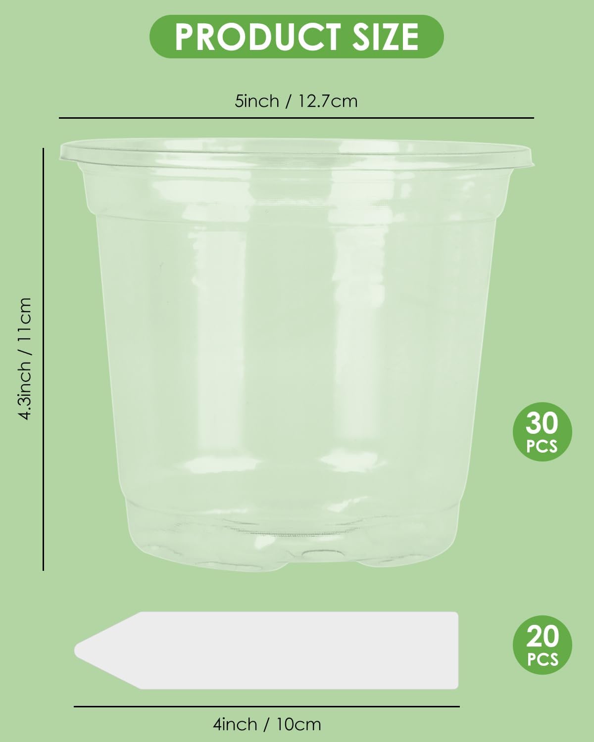 PACETAP 30Pack 5 Inch Reinforced Clear Nursery Pots with Drainage Holes, Variety Pack Plastic Plant Pots with 20 Plant Labels for Indoor Outdoor Flower Seed Starter
