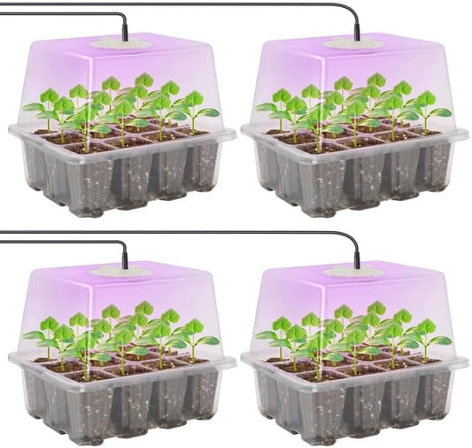 MIXC Seed Starter Kit with Grow Light, Elevated Seedling Tray Kit with Adjustable Humidity Dome and Clear Cell Tray, 12 Full Spectrum Led Beads for Seed Starting Greenhouse, 4 Pack, Transparent